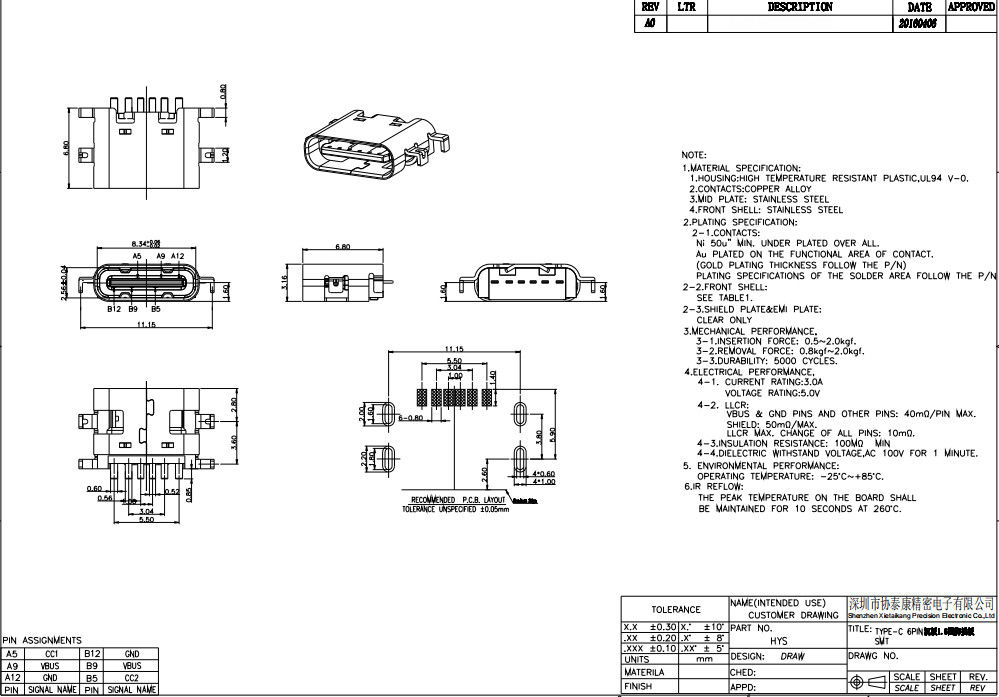 Taper femelle de descente de 6 bornes USB de plat de carte PCB de prise de connecteurs de C 0.8MM 3.1mm